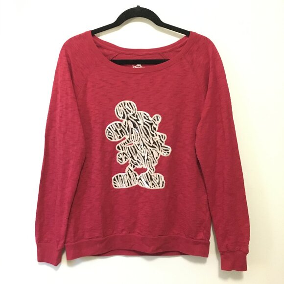 Iconic Disney Mickey Mouse Zebra Print Sequin Crimson Pullover - Picture 1 of 15
